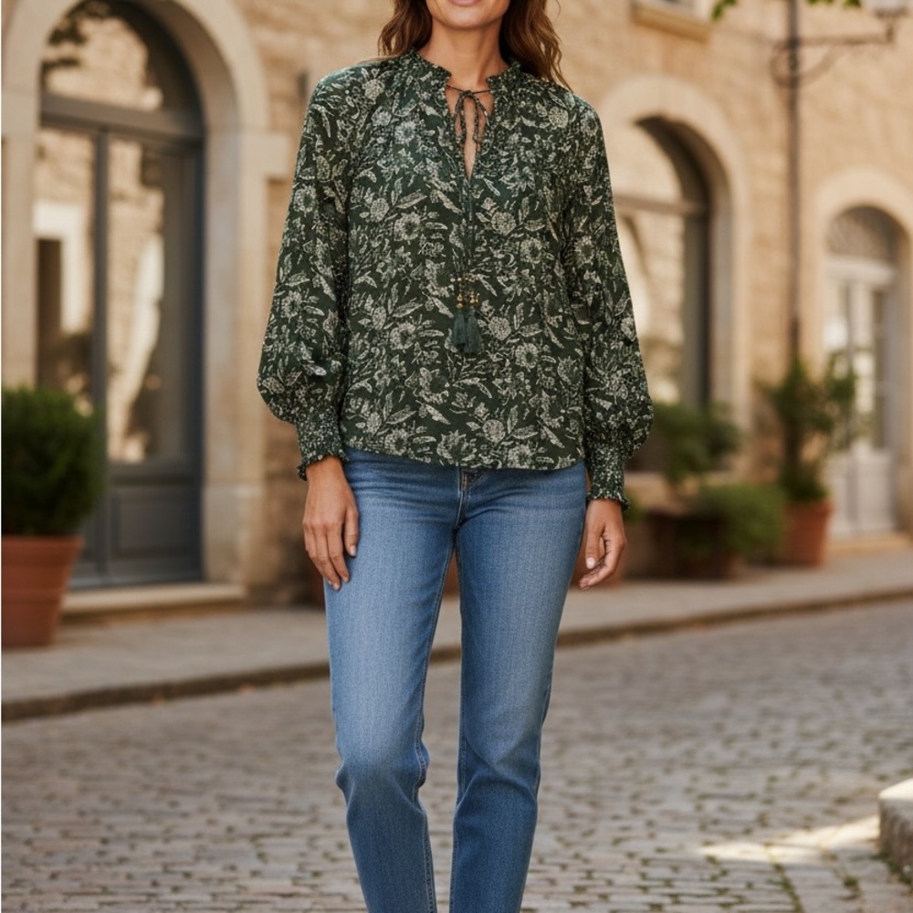 Anthropologie Dark Green Floral Tie-Neck Blouse